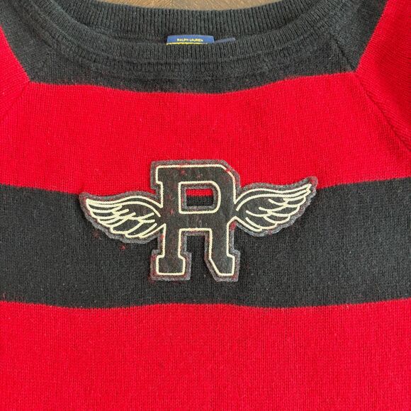 VTG Ralph Lauren Rugby Striped Red Black Wool Cashmere Sweater Winged R Logo S - Picture 5 of 7